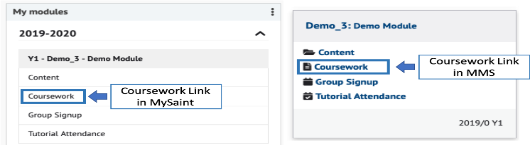 Example of the Coursework links in MySaint and MMS